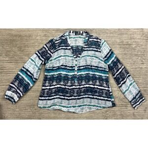 A.N.A. A New Appproach Top Women Petite Large Blue V-Neck Semi Sheer Long Sleeve